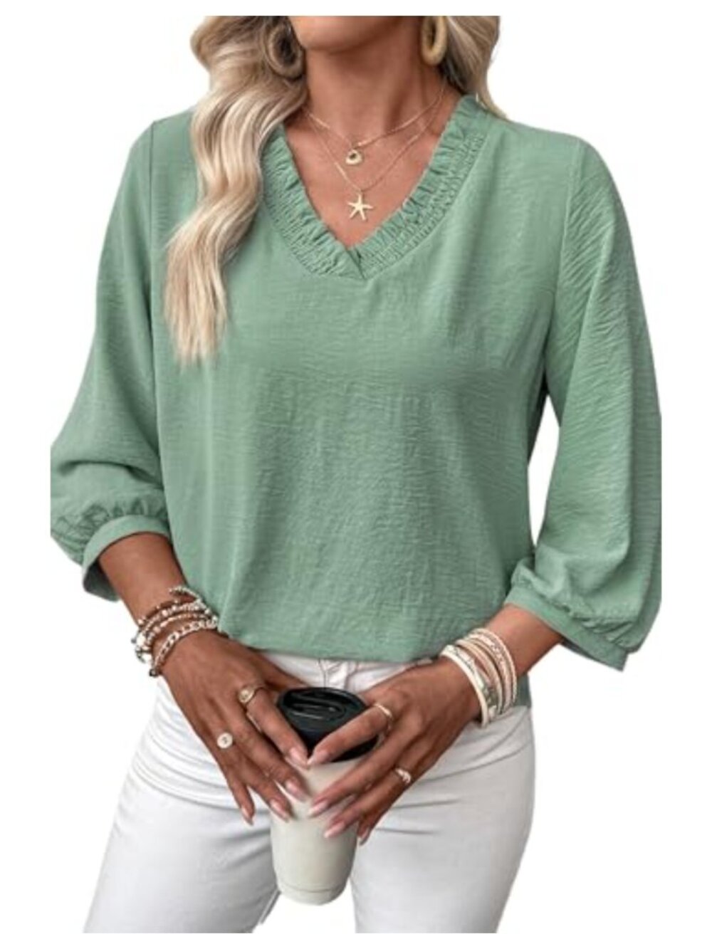 SHEWIN Smocked V-Neck 3/4 Sleeve Tunic Top - Loose Fit Blouse